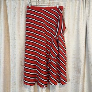 NWT Calvin Klein Women's Red‎ Ruffle Front Horizontal Stripe Midi Skirt Size 8